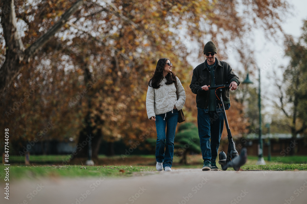 Fototapeta premium Couple walks together in a park during autumn. The man rides a scooter while the woman strolls beside him on a leaf-strewn path.