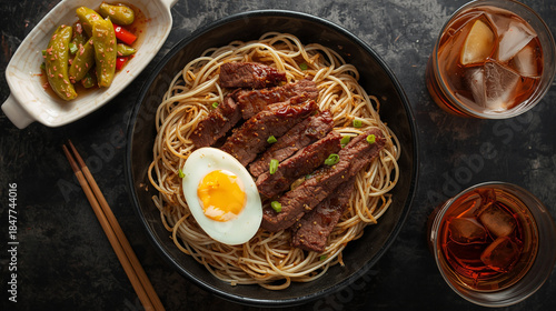 Overhead shot of stir-fried flat rice noodles with tender beef slices, egg, and bean sprouts. A side dish of pickled green chilies and a glass of iced tea complete the set. The noodles