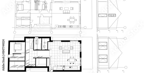 modern house plan sketch 3d illustration
