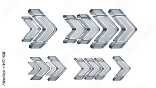 Segmented, futuristic UIUX arrows with a high tech, digital style and a glowing, translucent silver finish, a 3D glassmorphism arrow icon set isolated on white