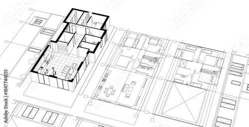 modern house plan sketch 3d illustration