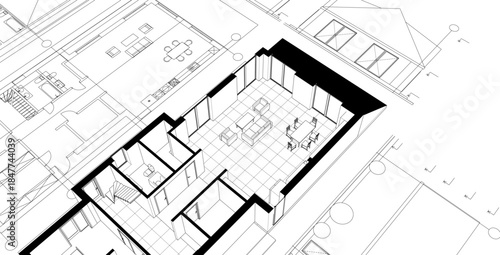 modern house plan sketch 3d illustration