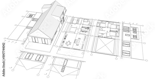modern house plan sketch 3d illustration