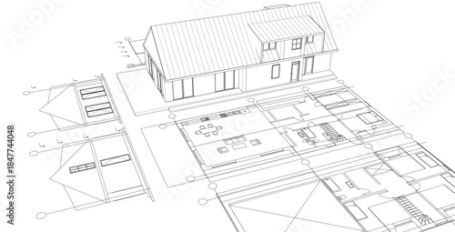 modern house plan sketch 3d illustration