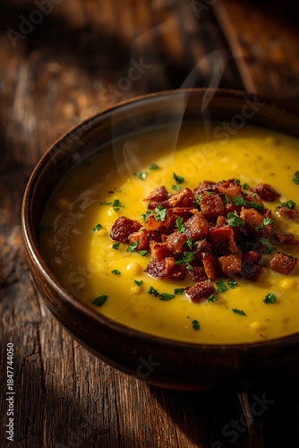 Close-up of a bowl of creamy yellow corn chowder topped with crispy beef bacon bits and chopped parsley. The yellow soup contrasts beautifully with the dark rustic wooden table. Shadows