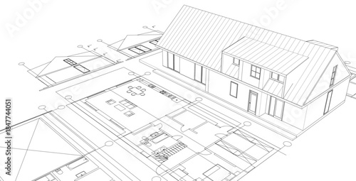 modern house plan sketch 3d illustration