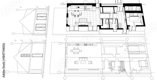 modern house plan sketch 3d illustration