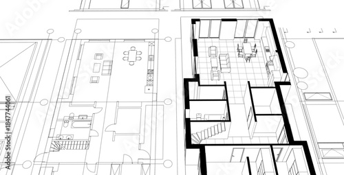 modern house plan sketch 3d illustration