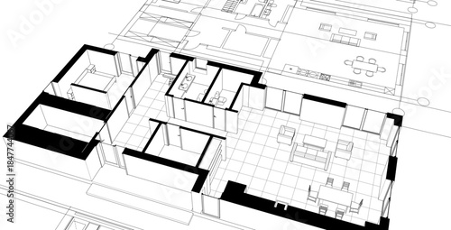 modern house plan sketch 3d illustration