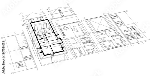 modern house plan sketch 3d illustration