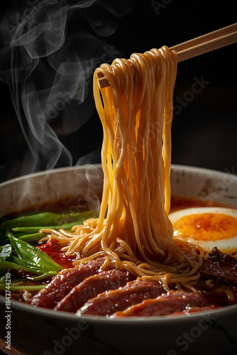 Detailed macro shot of a spicy beef noodle soup bowl. Features wheat noodles, slices of tender beef, bok choy, and a soft-boiled egg. Steam swirls against a dark, moody background.