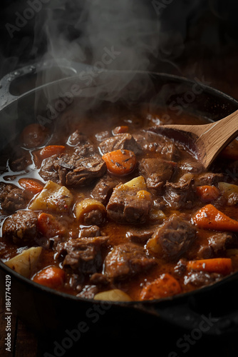 Eye-level close-up of a hearty beef stew filled with chunks of tender meat, carrots, and potatoes in a heavy cast iron pot. Thick steam rises into the darkness. A wooden spoon rests