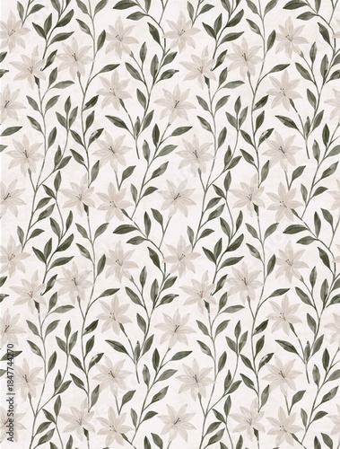 Seamless watercolor floral pattern with neutral lilies and leafy branches on textured background