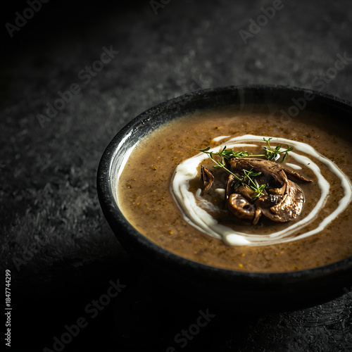 Extreme close-up of a rustic black ceramic bowl filled with creamy wild mushroom soup. The surface is garnished with a swirl of fresh white cream and sprigs of green thyme. The background