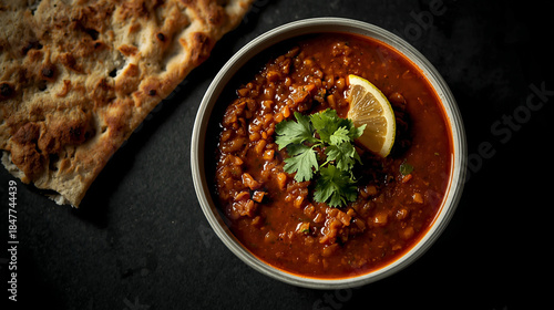 Overhead shot of a bowl of textured red lentil soup garnished with fresh cilantro and a lemon wedge. A piece of naan bread sits on the dark, shadowed surface nearby. The lighting is