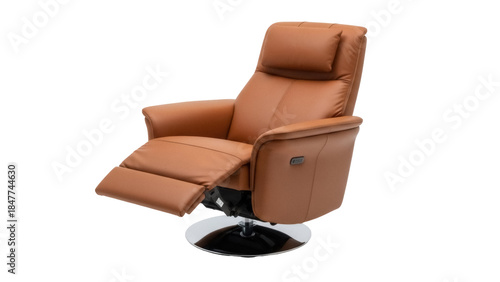 Photos Comfortable brown leather recliner chair isolated PNG, modern swivel armchair wi
