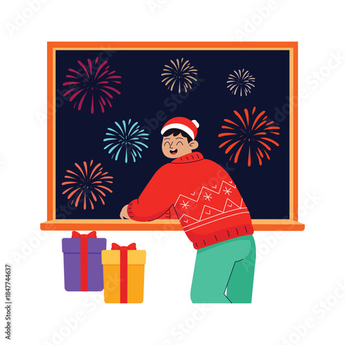 Flat illustration of a man enjoying new year fireworks at window