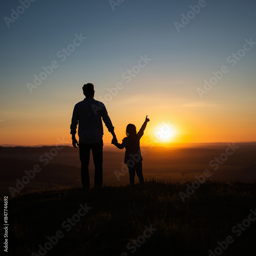 Silhouette of a father holding hands with his young daughter, standing on a grassy hill overlooking a vast valley at sunset. They are pointing towards the glowing horizon, symbolizing