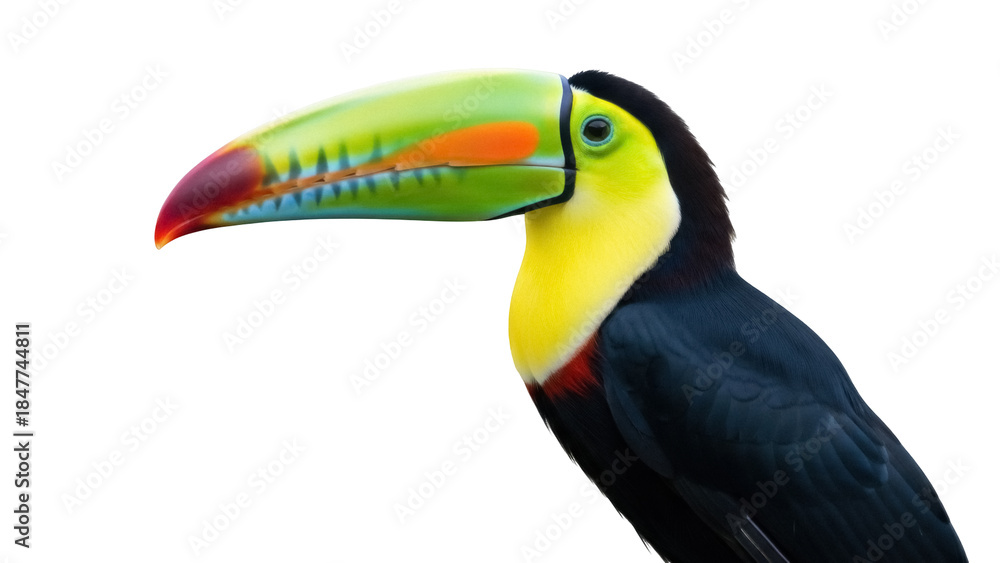 Obraz premium Colorful keel-billed toucan PNG isolated on transparent background, tropical bird with vibrant beak for design projects