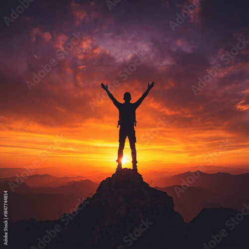 Silhouette of a male hiker standing triumphantly on a jagged mountain peak against a vibrant golden sunrise. He raises both arms high in a gesture of victory and pure joy. He wears