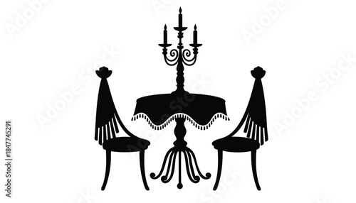 A silhouette of a dining table with two chairs and a candelabra.