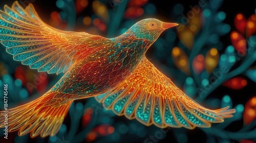 Neon bird flying towards neon sun glowing with intense electric light, dynamic digital wildlife design with bright glowing celestial accents