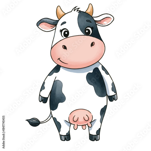Funny happy cartoon cow on white background