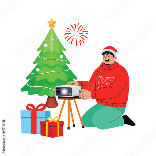 Creative illustration of a man taking photos taking christmas holiday photos