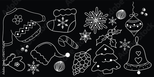White Icons on Dark Theme, Holiday Line Art Contrast, Night Mode Festive Set