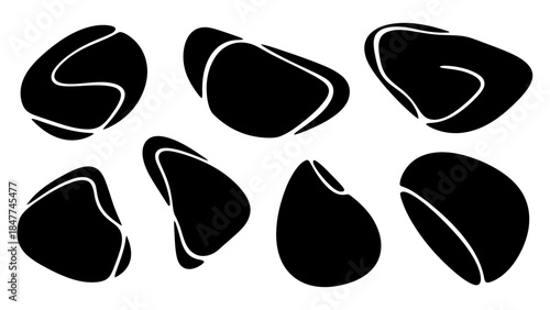 Abstract black organic shapes with white outlines on a white background