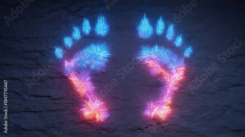 Neon bird footprints glowing with bright electric lines, stylized wildlife icon, digital neon animal tracks design with glowing edges on dark background