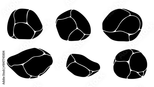 Abstract vector illustration of stylized black rocks with white outlines on a white background