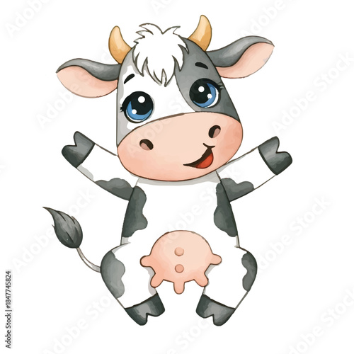 Funny happy cartoon cow on farm illustration