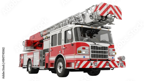 Tableau sur toile Red and white fire truck with ladder isolated PNG, emergency vehicle for firefig