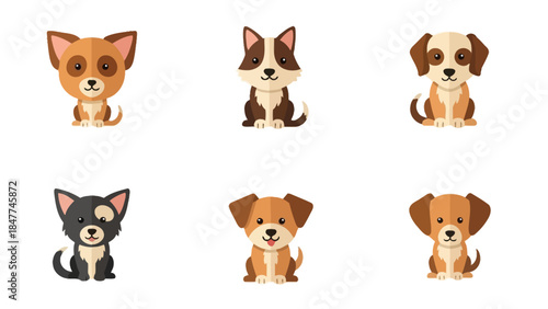 Adorable collection of six distinct cartoon dog illustrations on a white background