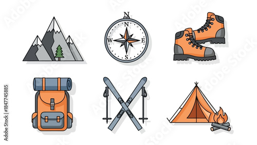 Adventure and outdoor recreation icons including mountains, compass, boots, backpack, skis, and