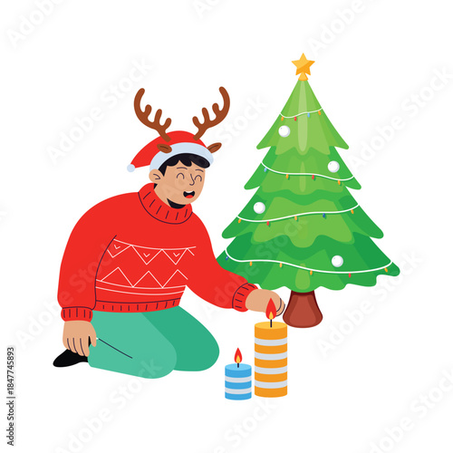Cozy flat illustration of a man lighting candles near Christmas tree for holiday celebration