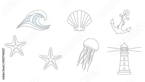 Clean Vector Line Art Icons Representing Various Nautical and Marine Elements For Design