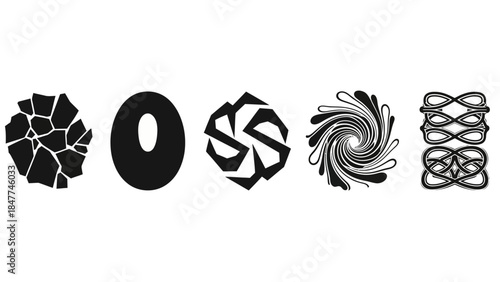 Collection of abstract black and white graphic design elements and symbols on white background