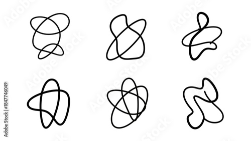 Collection of abstract black and white swirling doodle shapes on a white background