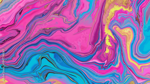 Abstract fluid art background featuring swirling currents of vibrant neon pink, electric blue, and bright yellow. The texture resembles glossy liquid acrylic paint mixed with metallic