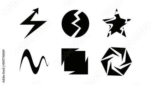 collection of abstract black geometric and organic shapes on white background