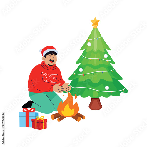 Creatively designed amazing flat illustration of christmas campfire