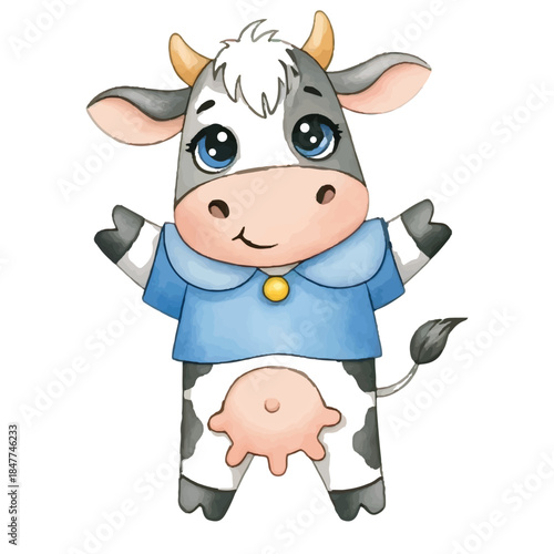 Funny happy cartoon cow on a farm with other cute animals