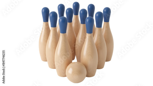 Schilderij op canvas Wooden bowling pins and ball isolated PNG, classic skittles game set on transpar