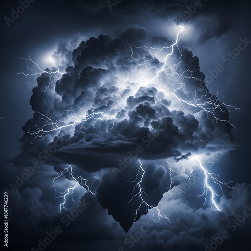 A dramatic storm cloud illuminated by bright lightning strikes, reflected in dark water below.