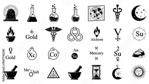 collection of alchemy symbols and esoteric elements in black and white graphic design