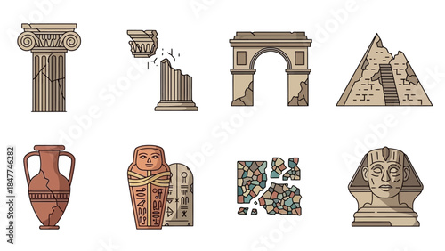 Collection of Ancient Egyptian and Roman Architectural Icons and Artifacts