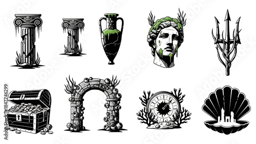 Collection of Ancient Greek Mythology and Treasure Themed Graphics Illustrations