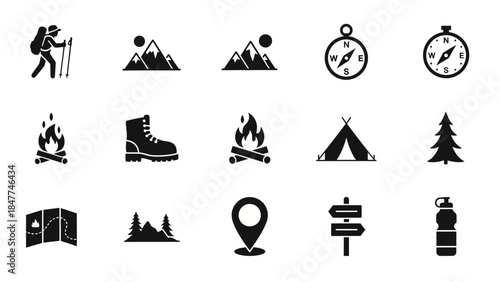 Collection of black and white icons representing hiking and camping elements
